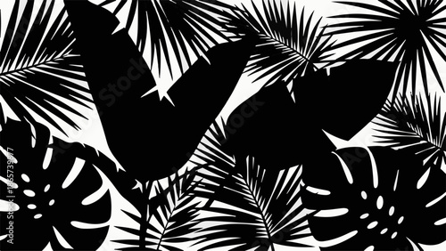 Bold black silhouette of tropical palm leaves against a clean white background, evoking a sense of modern, natural elegance.