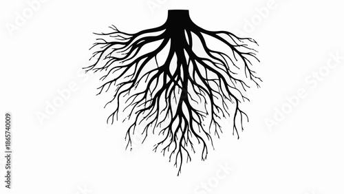 Intricate network of branching tree roots against a white background, symbolizing growth and connection.