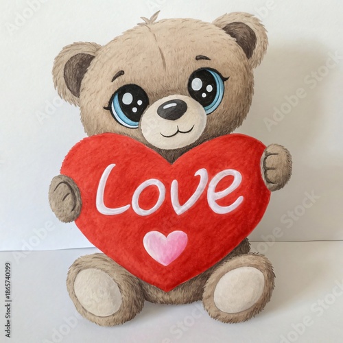 Cute teddy bear holding a heart shaped pillow for Valentine love illustration