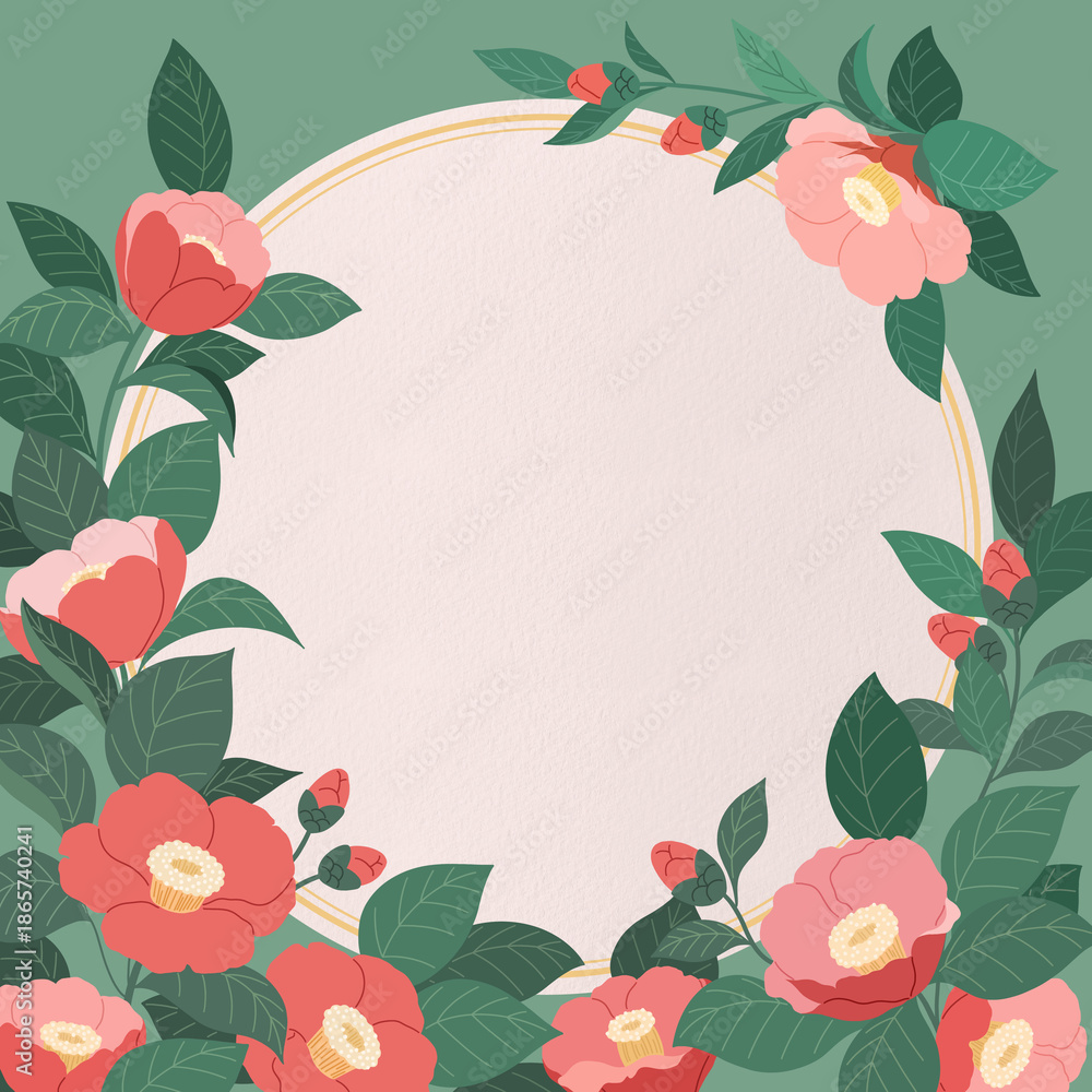 Naklejka premium Elegant Camellia Floral Frame on Green Background