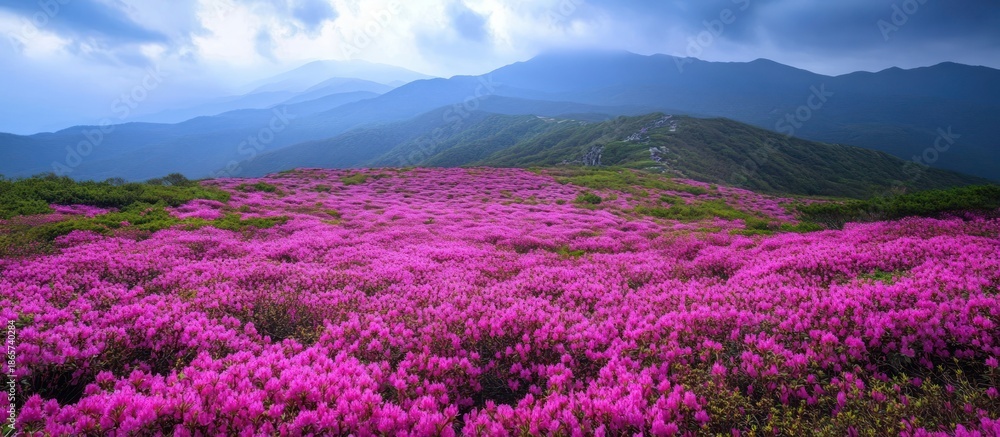 Obraz premium Panoramic view of a mountainside covered in vibrant pink rhododendrons