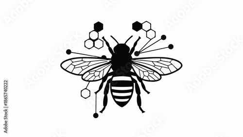 Stylized bee illustration with geometric honeycomb elements, symbolizing nature and science.