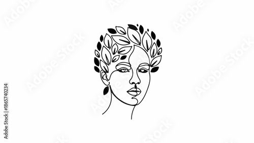 Elegant line art portrait of a woman adorned with leaves, symbolizing nature and beauty.