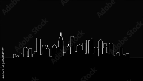 Modern city skyline silhouette at night, clean line art.