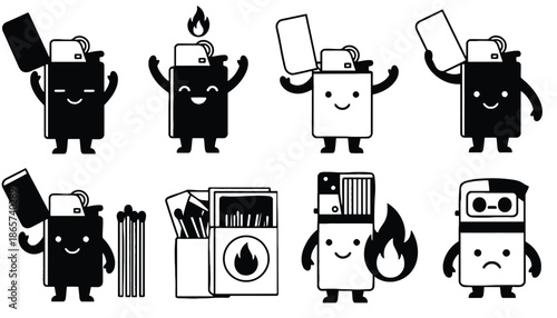 A set of cute cartoon matchboxes and lighters on transparent background