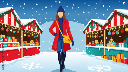 Winter Market Vector Illustration A Woman Strolling Through Festive Stalls in the Snow