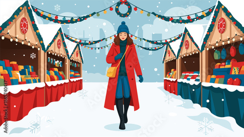 Festive Winter Christmas Market Vector Illustration of a Woman Strolling Through Snowy Stalls Decorated with Lights