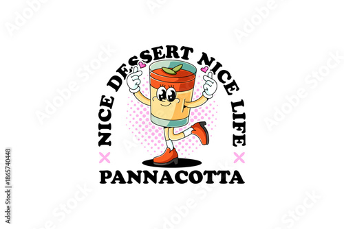 Panna cotta italian pudding dessert retro cartoon character mascot illustration with standing and love hand pose for cafes and pastry branding and merchandise