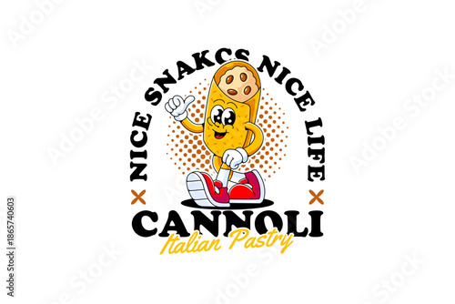 Cannoli italian pastry retro cartoon character mascot illustration with walking and thumb up pose for cafes and pastry branding and merchandise. Filled pastry roll mascot vector.