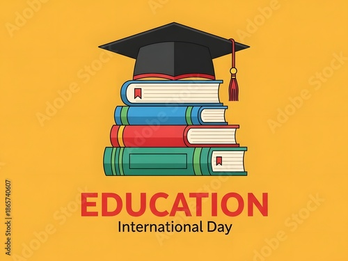 Education international day concept with graduation cap and stack of colorful books on orange background