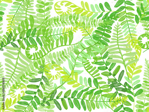 green leaves background. A beautiful watercolor illustration featuring various types of ferns in vibrant shades of green.