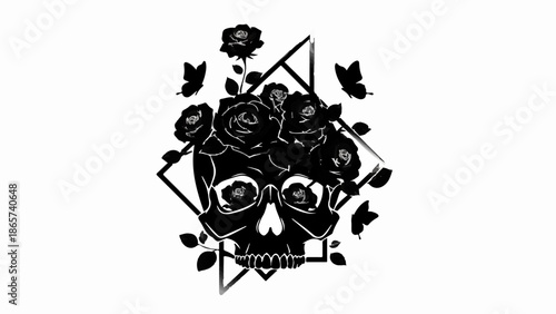 Darkly beautiful skull adorned with roses and fluttering butterflies, set against a geometric frame.