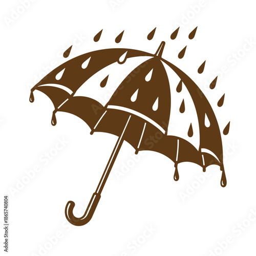 Vintage Brown umbrella with raindrops falling on it and dripping from the edges on a white background