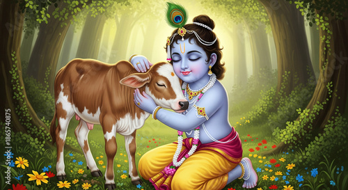 Krishna and cow in a field