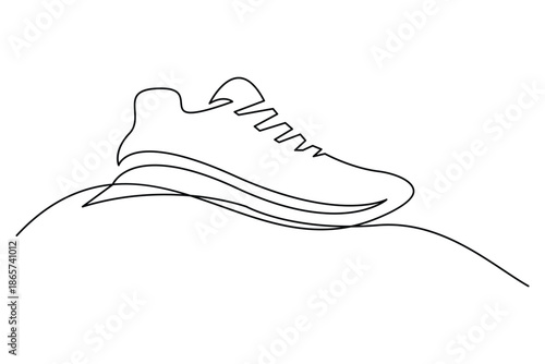 Single continuous line art minimal illustration of a shoe on a mountain horizon