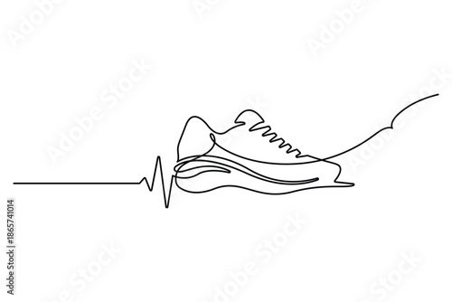 Minimal continuous one line drawing illustration of a sneaker with a pulse line
