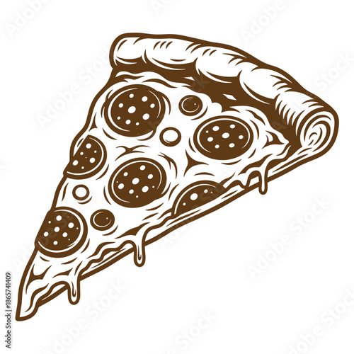 Vintage Illustration of a slice of pepperoni pizza with melted cheese on transparent background