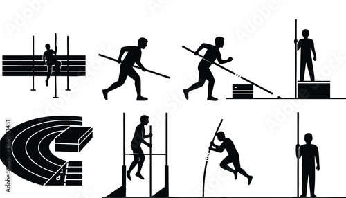 A silhouette of a man participating in various track and field events on transparent background
