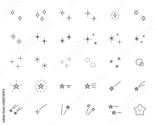 かわいいアイコンセットのベクターイラスト。星、キラキラ、輝き、流れ星、飾り	