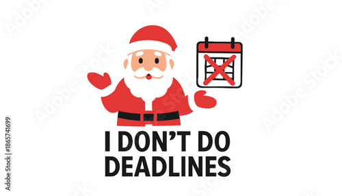 A cheerful cartoon Santa Claus refusing to meet deadlines on transparent background