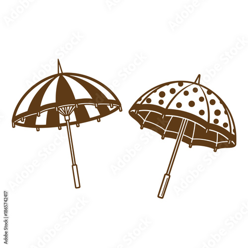 Vintage Two brown umbrellas with different patterns on white background  striped and polka dots
