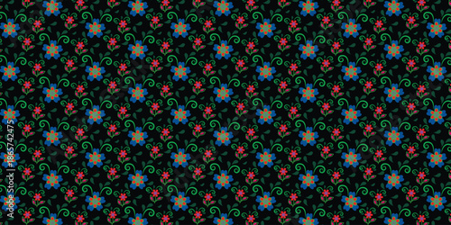 Moody midnight floral seamless pattern featuring glowing decorative flowers and green leafy swirls for elegant wallpaper and fabric