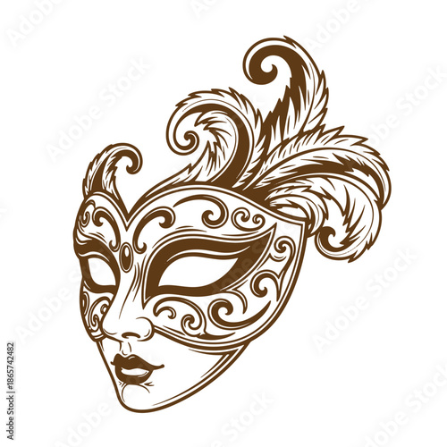 Vintage Venetian masquerade mask with feathers and swirling patterns isolated on white background