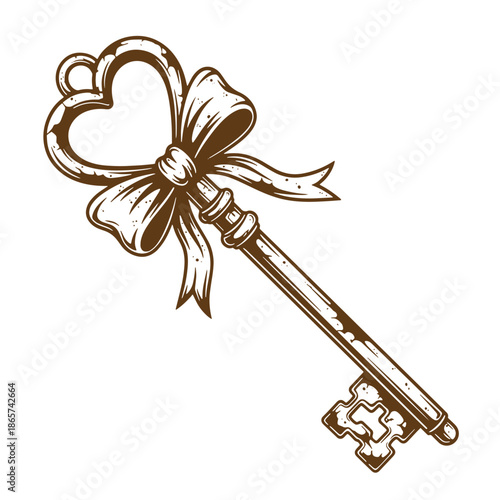 Vintage vintage heart shaped key with ribbon tied around the top isolated on transparent background