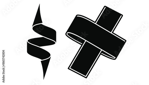 A medical symbol and a DNA helix in silhouette on a white background