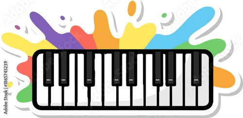 Colorful piano keys with abstract paint splashes