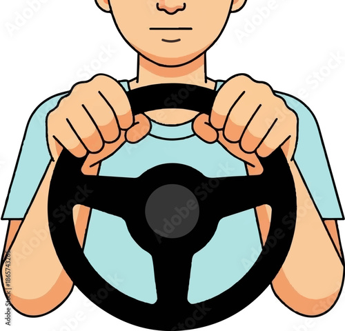 Person's hands gripping a steering wheel, wearing a light blue shirt