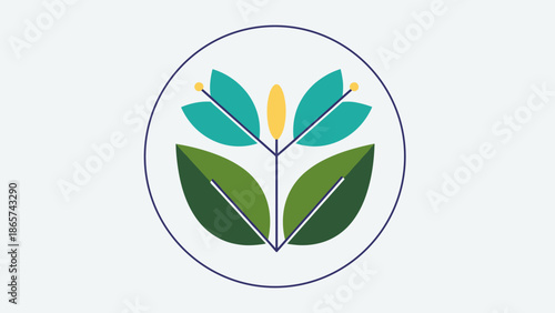 Minimalist Floral Emblem - Teal, Green, and Yellow Plant Icon in Circle