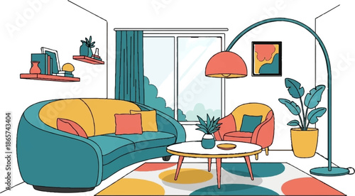A cheerful living room scene with teal sofa, armchair, coffee table, plants, and a large arched floor lamp