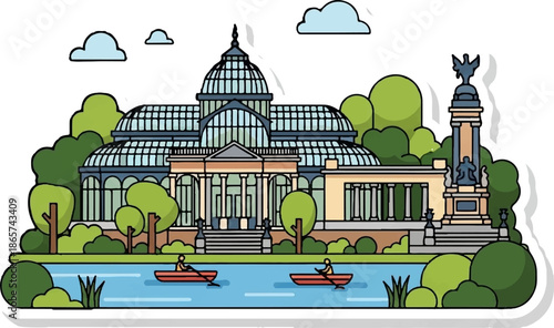 Ornate glass building with domed roof, monument, and boating on a lake