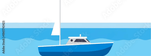 Blue sailboat with white sail glides on wavy blue water under a white sky