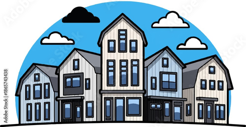 A cartoon illustration of a row of houses with a blue sky and clouds