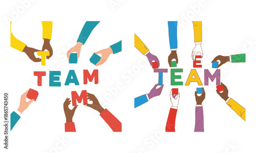 Collaborative hands forming the word team in a colorful flat illustration symbolizing a successful team building workshop