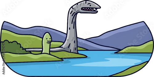 A cartoon creature with a long neck emerges from a lake, with rolling hills and mountains in the background