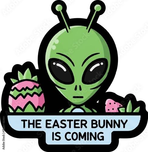Green alien with antennas, holding Easter eggs, with text