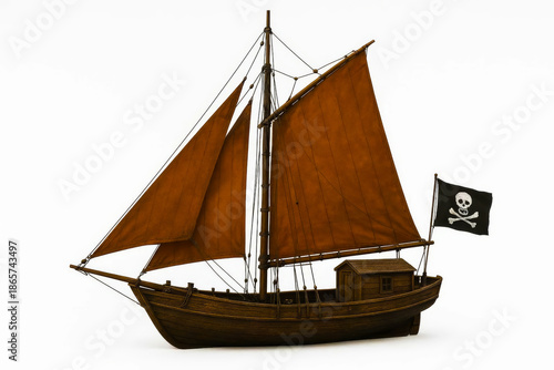 Small Wooden Sailboat with Brown Sails and Pirate Flag