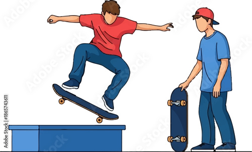 Two cartoon figures, one skateboarding and one holding a skateboard, with a blue ramp
