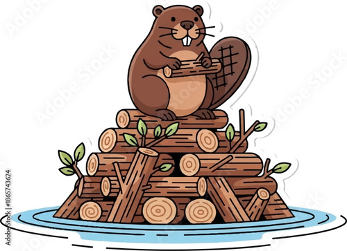 A cartoon beaver sits on a pile of logs in blue water