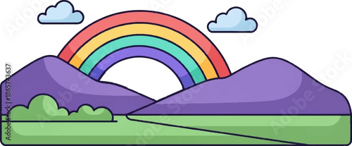 A whimsical landscape features rolling purple hills, a vibrant rainbow, fluffy clouds, and green ground