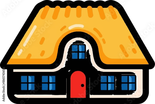 A cartoon style illustration of a quaint house with a thatched roof and red door