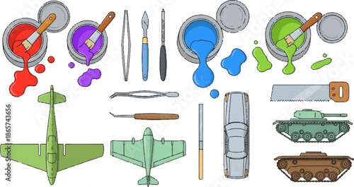 Assortment of hobbyist tools and model vehicles