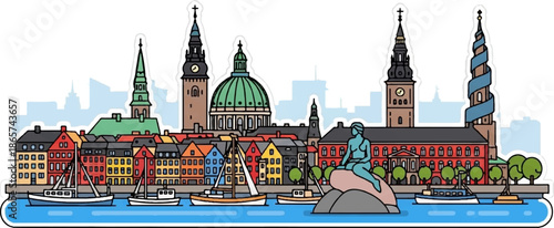 Colorful cityscape with iconic statue and sailboats on the water