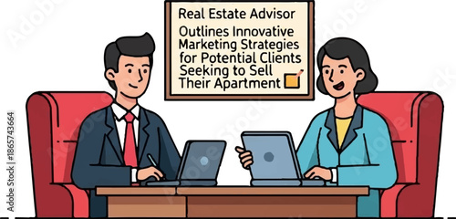 Two professionals meet at a desk, discussing sales strategies with laptops and a presentation board