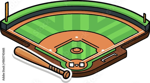 A simplified isometric illustration depicts a baseball field with home plate and a bat