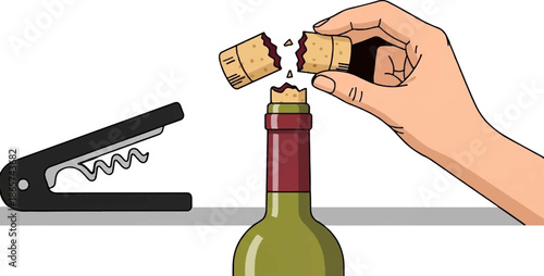 A hand removes a broken cork from a green wine bottle