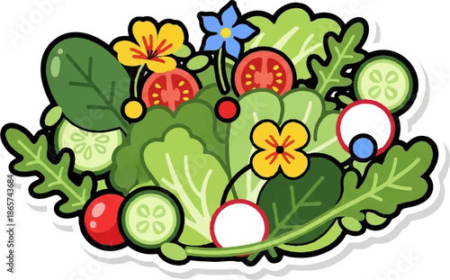 Vibrant cartoon salad with assorted greens, tomatoes, radishes, and flowers